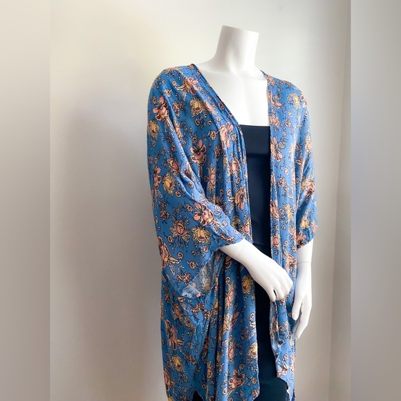 Agnes & Dora Duster Floral Blue Kimono Rayon Oversized Made in USA Boho XS / S - Picture 6 of 6